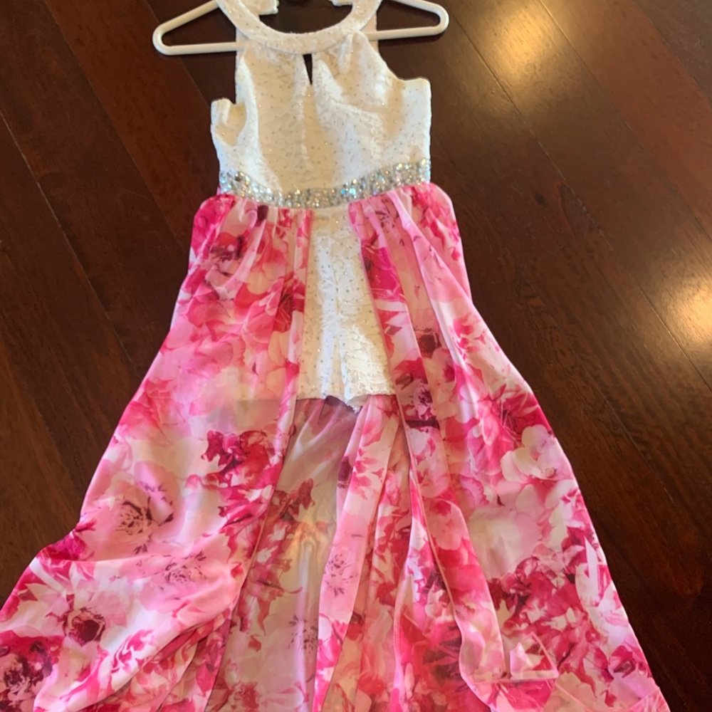 One piece sparkle white shorts and top with pink floral skirt